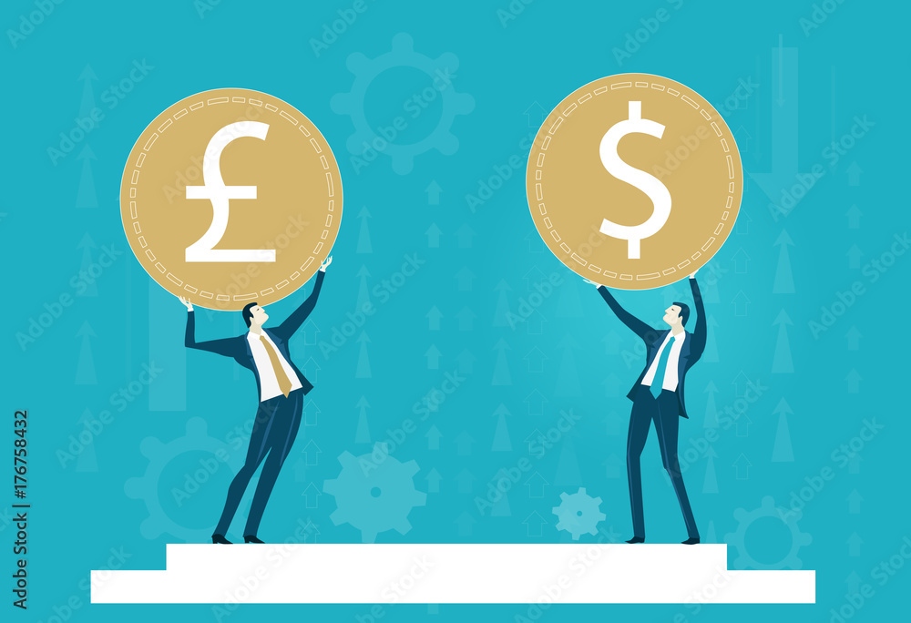 Successful businessmen holding up the currency symbols: dollar, pound. Economy recession. Business concept illustration Successful businessmen holding up the currency symbols: dollar, pound. Economy recession. Business concept illustration