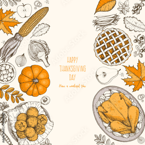 Thanksgiving day top view vector illustration. Food hand drawn sketch. Festive dinner with turkey and potato. Autumn food sketch. Engraved image.