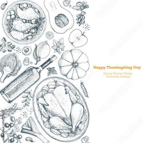 Thanksgiving day top view vector illustration. Food hand drawn sketch. Festive dinner with turkey and potato. Autumn food sketch. Engraved image.