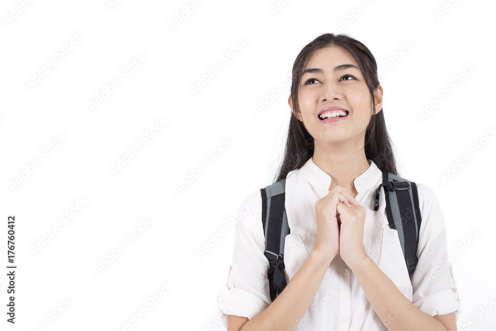 Portrait of Beautiful Young Asian Woman student standing with attractive smiling isolated on white, Woman with Education Concept. Portrait of Beautiful Young Asian Woman student standing with attractive smiling isolated on white, Woman with Education Concept.