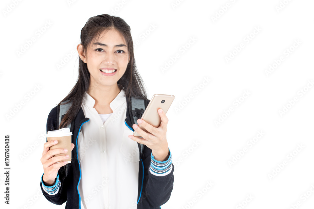 Portrait of Beautiful Young Asian Woman student using smartphone with attractive smiling isolated on white, Woman with Education Concept. Portrait of Beautiful Young Asian Woman student using smartphone with attractive smiling isolated on white, Woman with Education Concept.