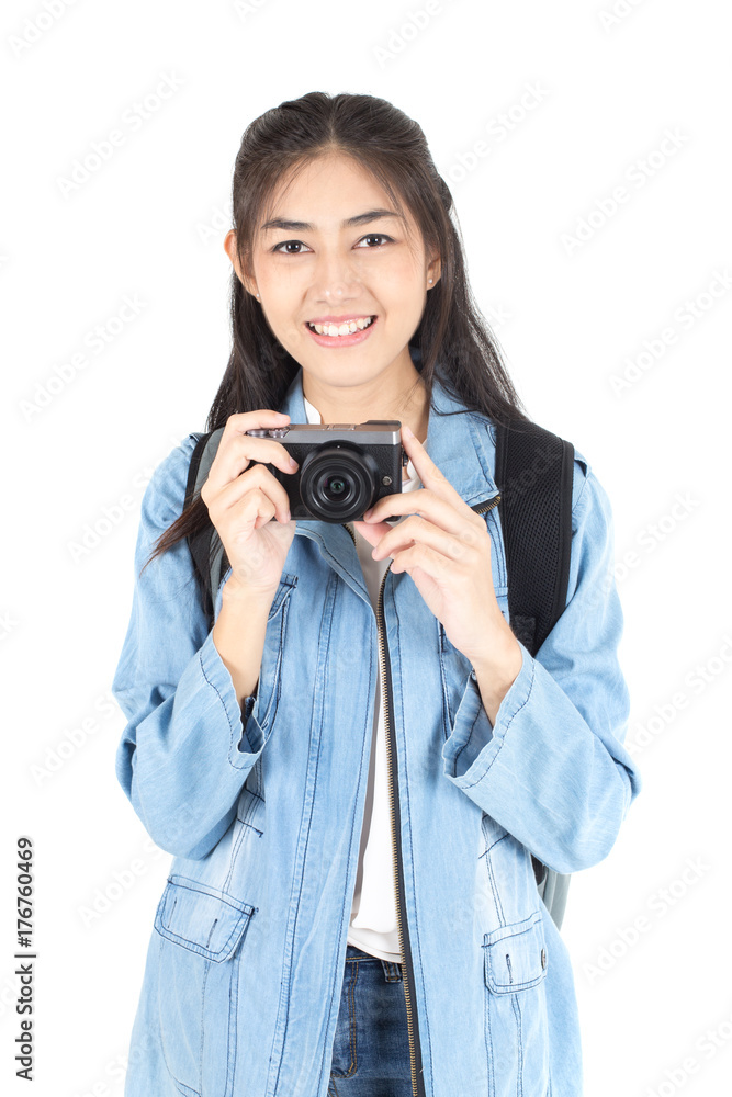 Beautiful Asian Woman holding Camera with attractive smiling, isolated on white background. Beautiful Asian Woman holding Camera with attractive smiling, isolated on white background.