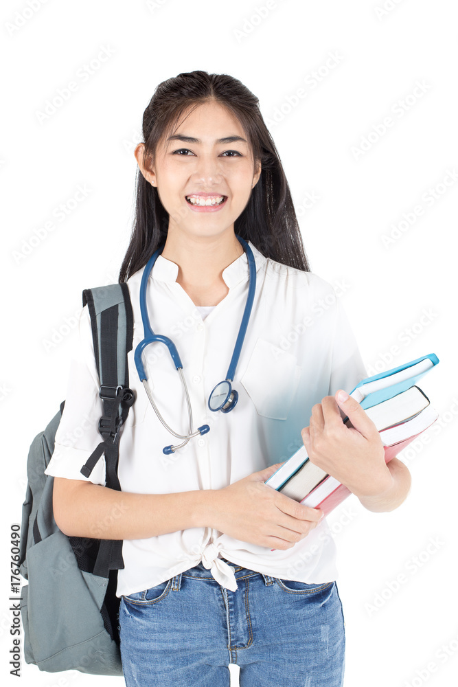 Portrait of Student Woman holding Book with Attractive Smiling isolated on white background. Portrait of Student Woman holding Book with Attractive Smiling isolated on white background.