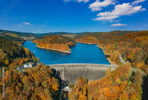 Aerial view of the agger dam in Gummersbach in autumn photo