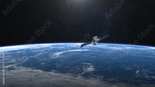 Satellite. The flight of the satellite over the Earth. The tracking camera. 4K. photo