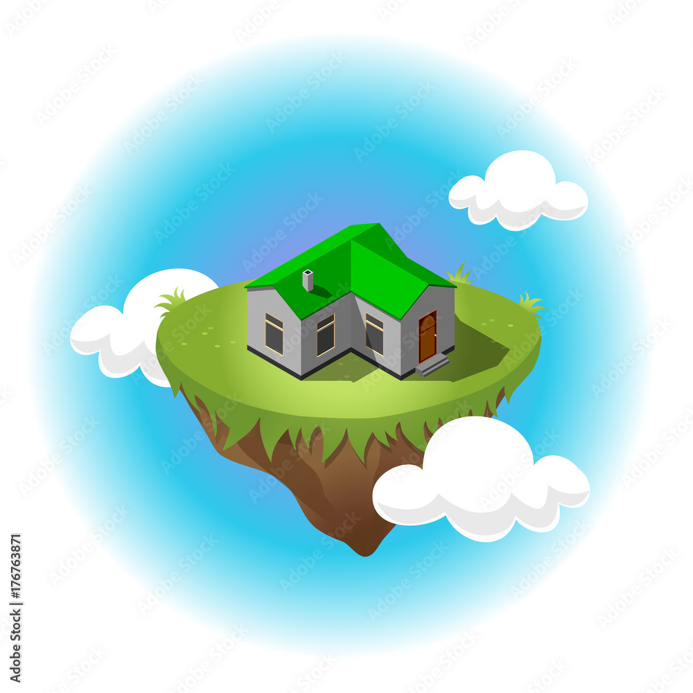 Isometric residential building on flying island Isometric residential building on flying island