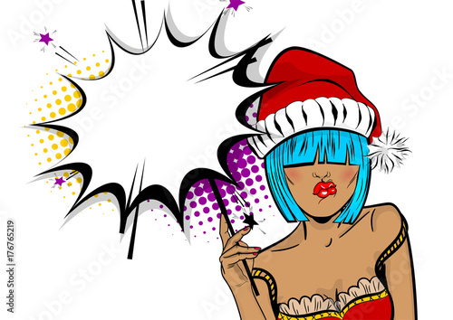 Empty comic text speech bubble. Marry Christmas young beautiful pop art woman pompom hat. Vector illustration isolated halftone popart wow face. Dare girl in red dress hold hand bengal fire, sparkler