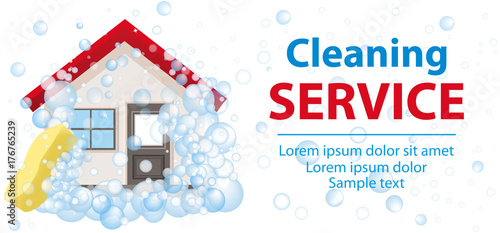 Banner and the poster for cleaning services. The house in foam on a white background. Vector