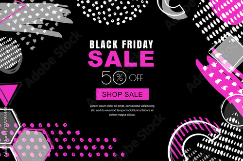 Black friday sale vector banner background. Abstract doodle texture and geome...