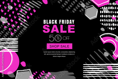 Black friday sale vector banner background. Hand drawn grunge texture and geo...