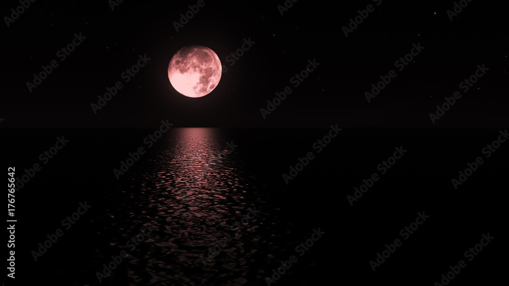 Fototapeta premium Blood red moon light over the sea at night realistic 3d illustration