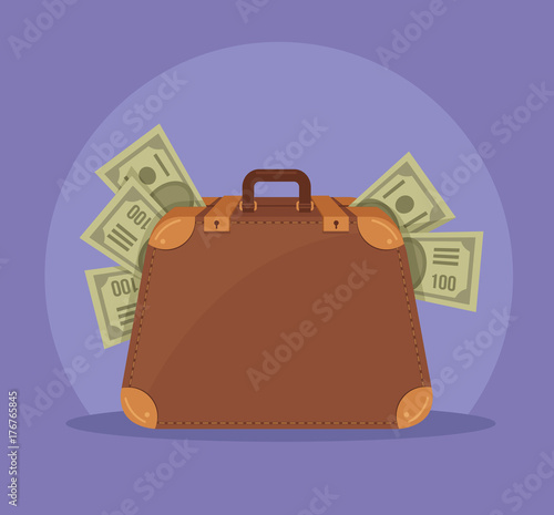 Big suitcase full of money isolated icon. Vector flat cartoon illustration