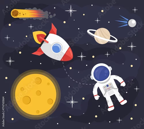 Tapeta Tło astronauta rakiety. Ilustracja kreskówka płaski wektor
