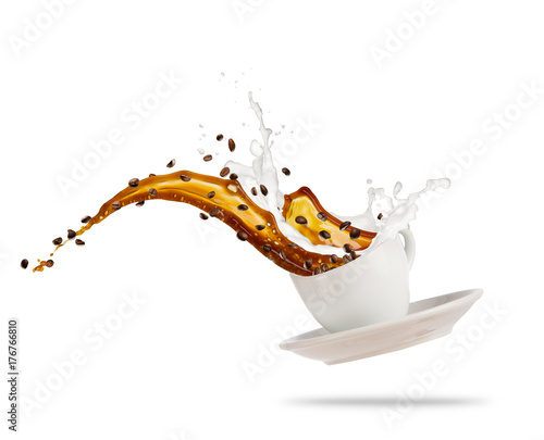 Splashing coffee drink with milk, isolated on white background