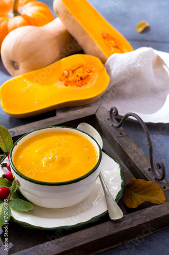 Homemade cream soup made from fresh ripe bottle gourd pumpkin photo