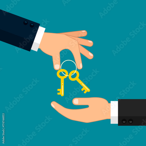 Hand giving key to other hand illustration. Real estate, car sale, rent apartments or house concept. Vector flat illustration