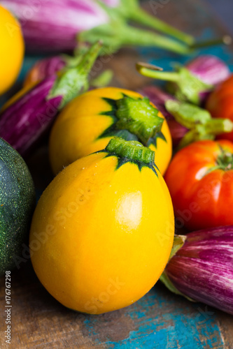 Fresh organic vegetables - round courgette, small eggplants, tomatoes, diet concept, Italian and French food, healthy food.