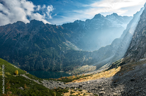 Tatra mountains, panorama of valley, fall sunny day