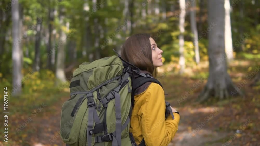 Curious female tourist, in yellow jacket and black top, walking in the fall forest, slowmotion on sunny day Curious female tourist, in yellow jacket and black top, walking in the fall forest, slowmotion on sunny day