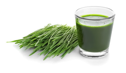 Shot of wheat grass drink on white background