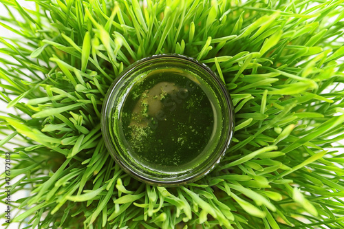 Shot of drink in wheat grass  closeup