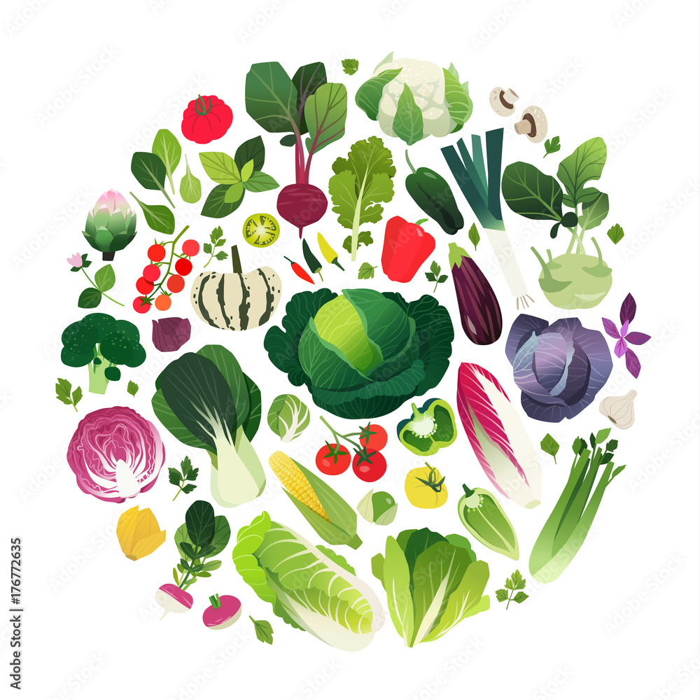 Clip art set of vegetables and herbs managed into a round shape Clip art set of vegetables and herbs managed into a round shape