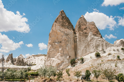 Beautiful view of the hills of Cappadocia. One of the sights of Turkey. Tourism, travel, beautiful landscapes, nature.