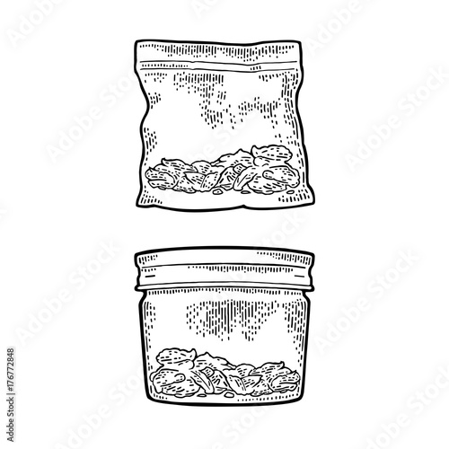 Glass jar and plastic bag for smoking cannabis. Engraving