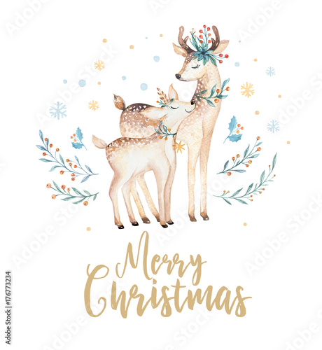 Christmas watercolor deer. Cute kids xmas forest animal illustration  new year card or poster. Hand drawn isolated baby animals.
