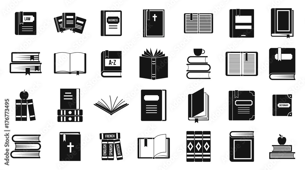 Books icon set, simple style Books icon set, simple style