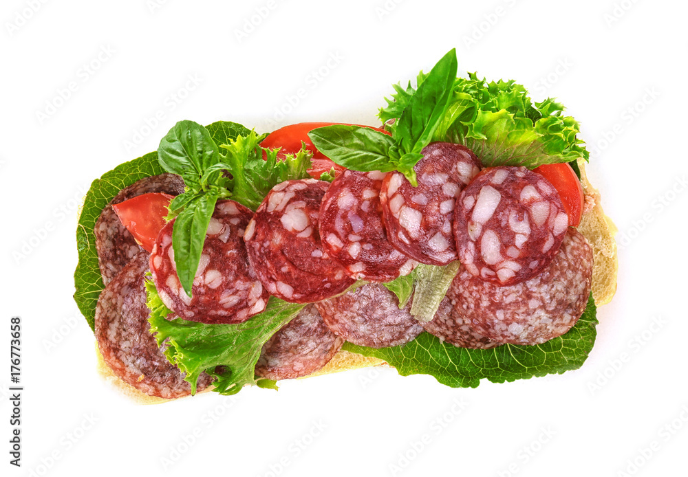 Delicious sausage sandwich on white background