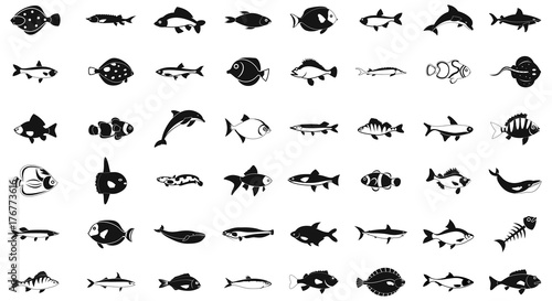 Fish icon set, simple style