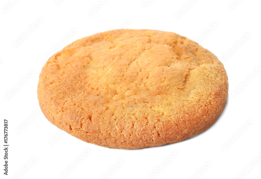 Delicious oatmeal cookie on white background