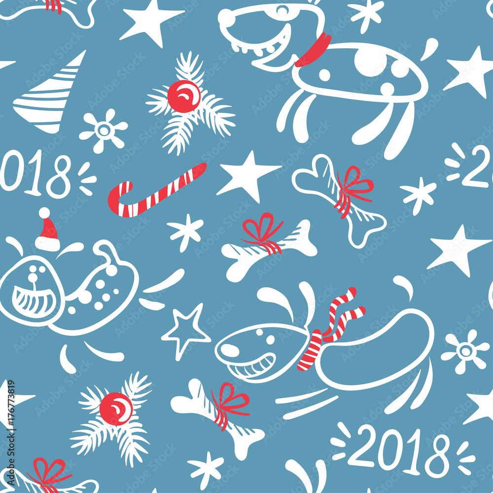 Vector New year seamless pattern with dog, fir branches and bones. Vector New year seamless pattern with dog, fir branches and bones.