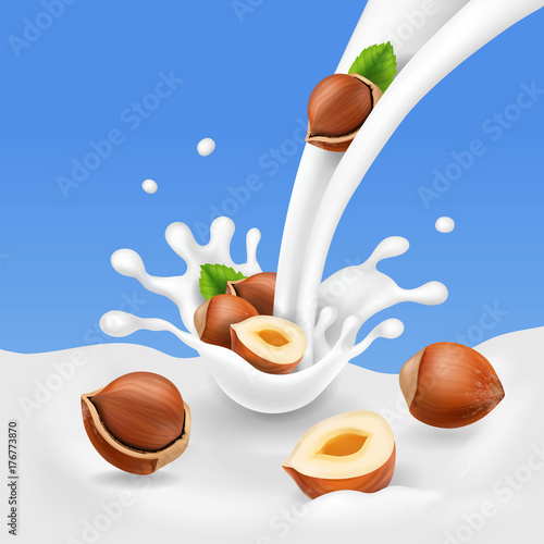 Hazelnuts and flowing milk. Yogurt splash and Nuts yogurt realistic