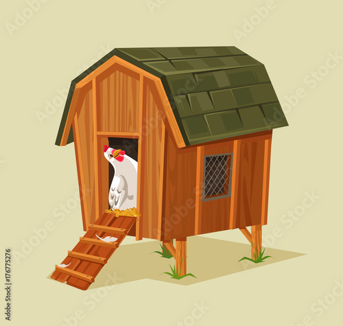 Happy smiling chicken character looking out nest. Vector flat cartoon illustration