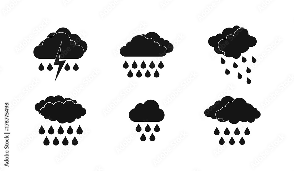Obraz premium Rainy cloud icon set, simple style