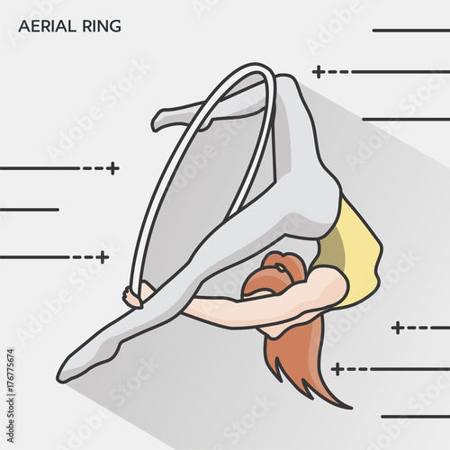 Woman gymnast aerial ring, flat design. Aerial hoop. Beautiful dance sport and fitness logo.