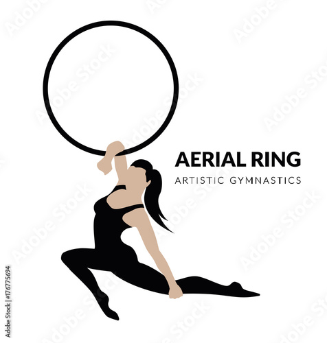 Woman gymnast aerial ring, isolated on white. Aerial hoop. Beautiful dance sport and fitness logo.