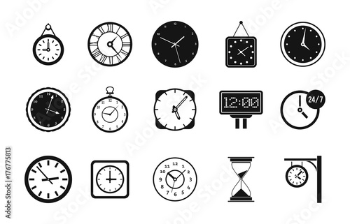 Wall clock icon set, simple style