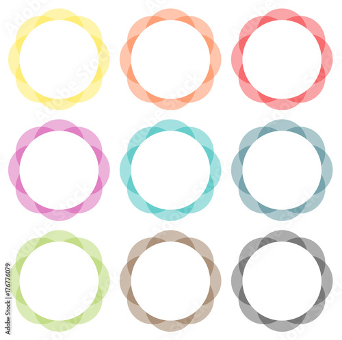 Collection of 9 frames in solid colors, spirograph style