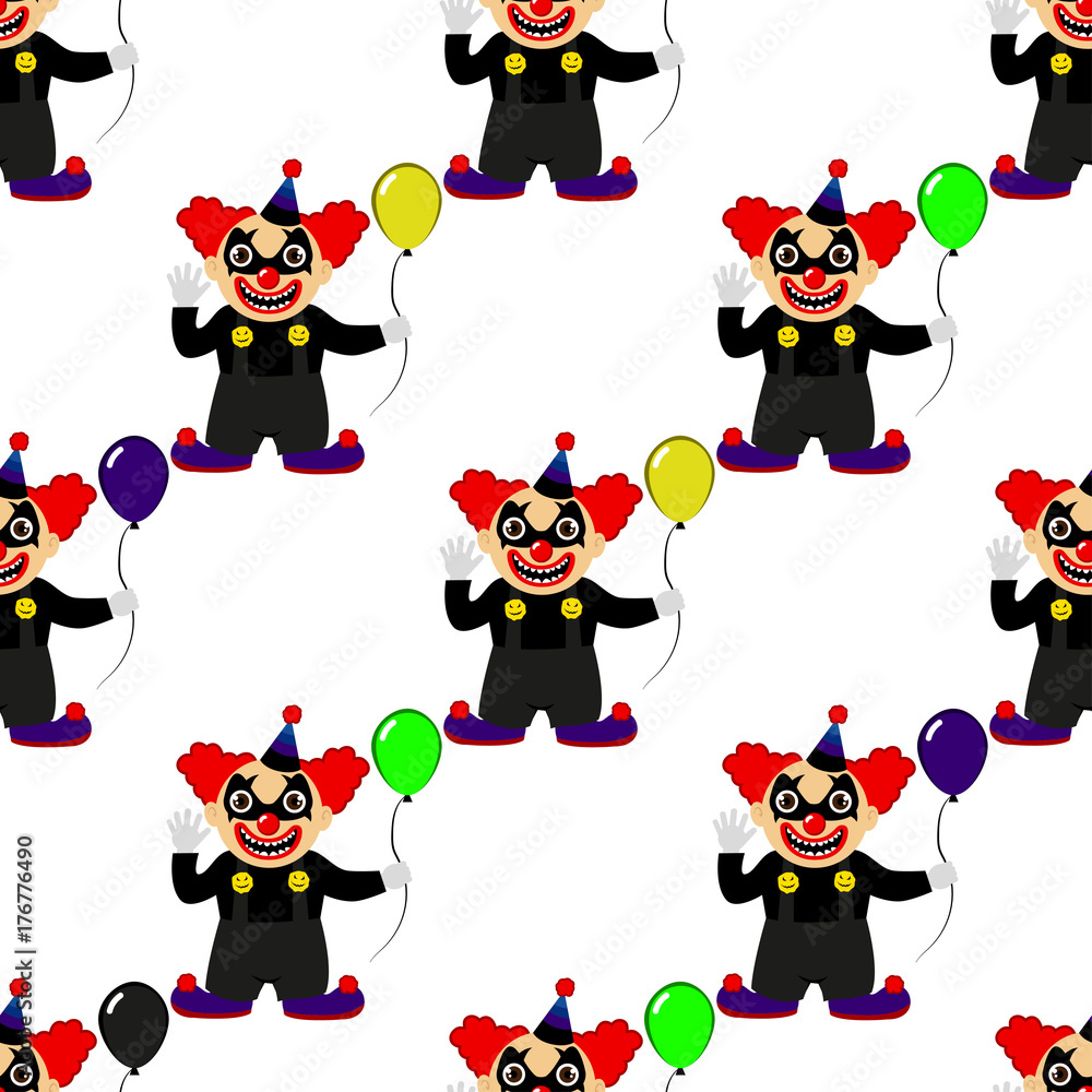 Fototapeta premium Abstract seamless pattern for girls or boys. Creative vector background with a clown, scary face, halloween. Funny wallpaper for textile and fabric. Fashion style. Colorful bright picture for children