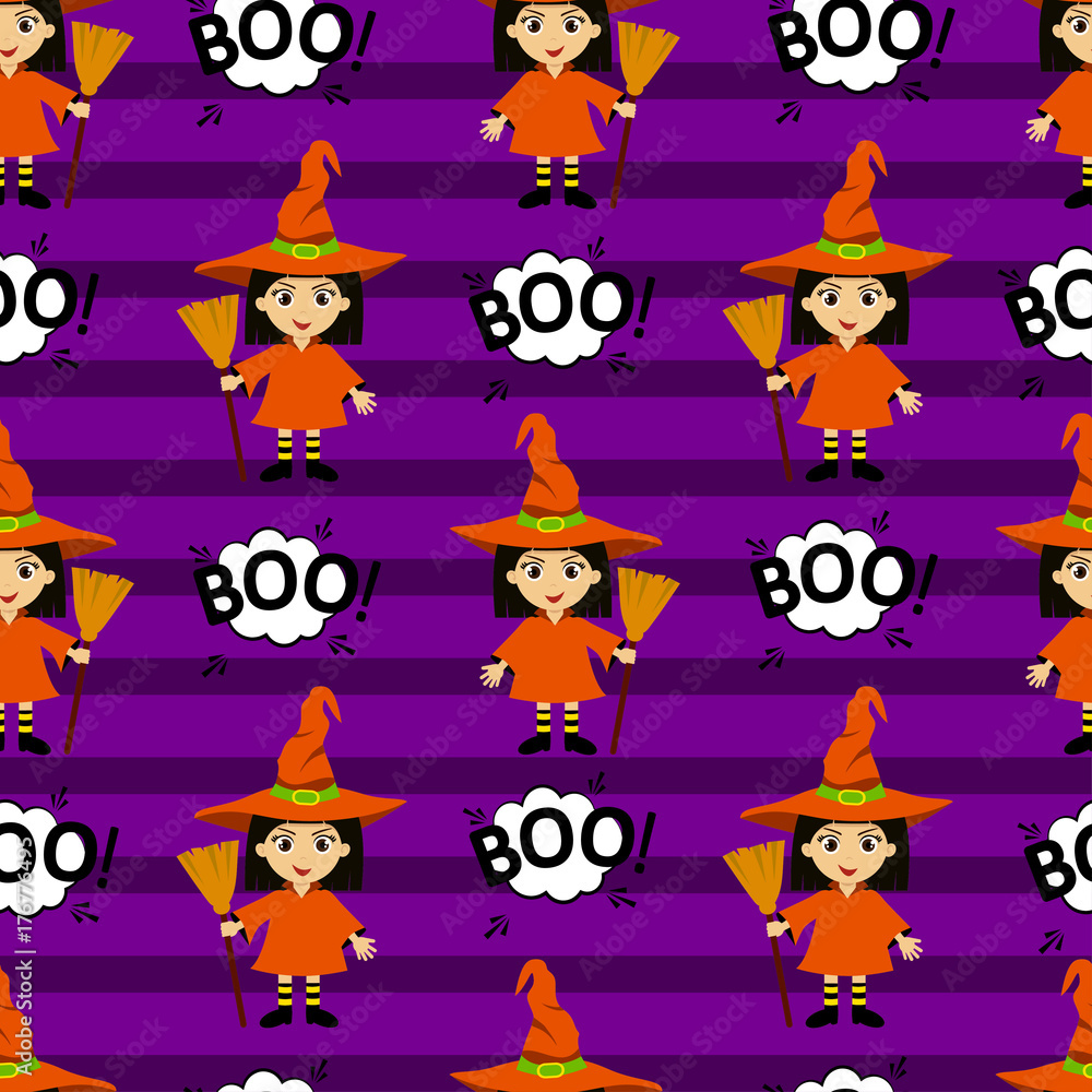 Fototapeta premium Abstract seamless pattern for girls or boys. Creative vector background with young witch, halloween. Funny wallpaper for textile and fabric. Fashion style. Colorful bright picture for children