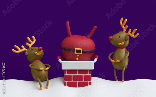 3d render, Santa Claus stuck upside down in the red brick chimney, rein deers laughing on the roof, funny Christmas card photo