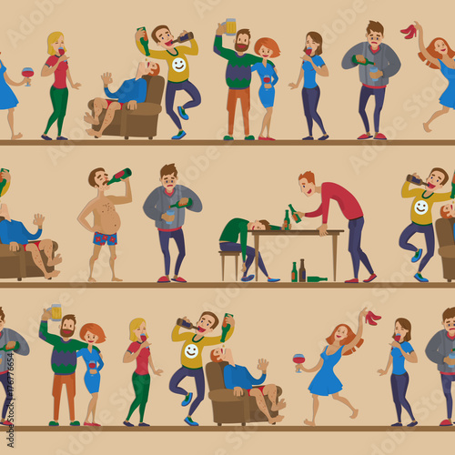 Drunk cartoon people vector alcoholic man and woman alcoholism drunken tipsy characters person seamless pattern background.