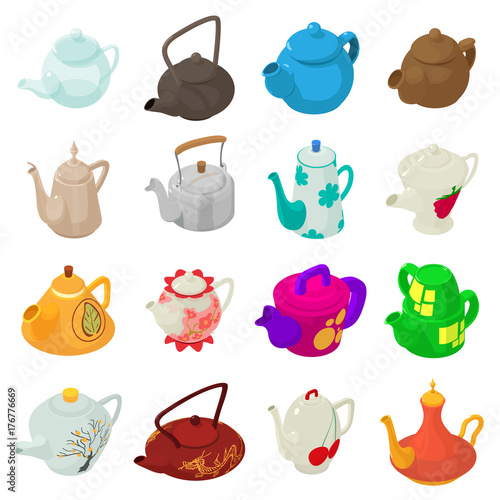 Teapot icons set, isometric style.