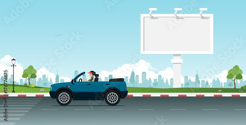 Women drive cars and have large billboards with city backdrops.
