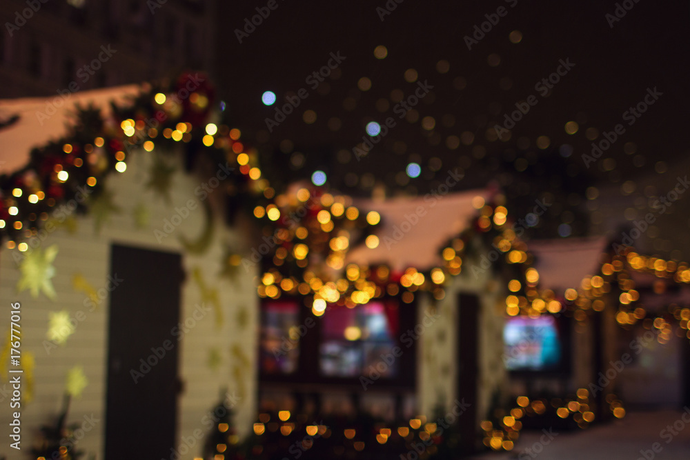 Christmas decorations on the street, colorful holiday bokeh lights