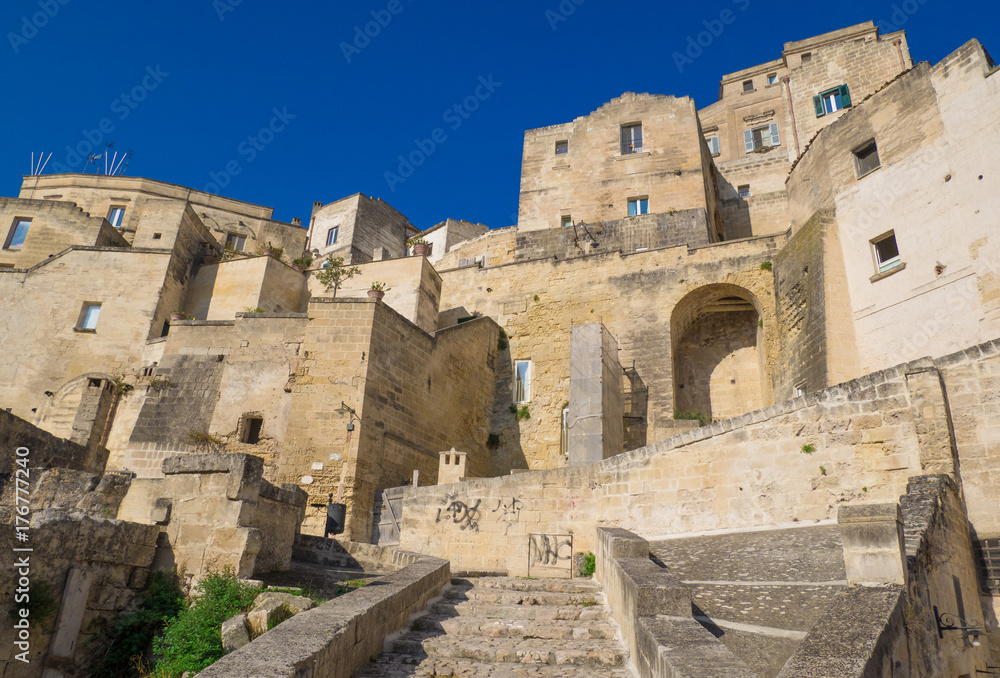 Matera, Italy - The historic center of the wonderful stone city of southern Italy, a tourist attraction for the famous 