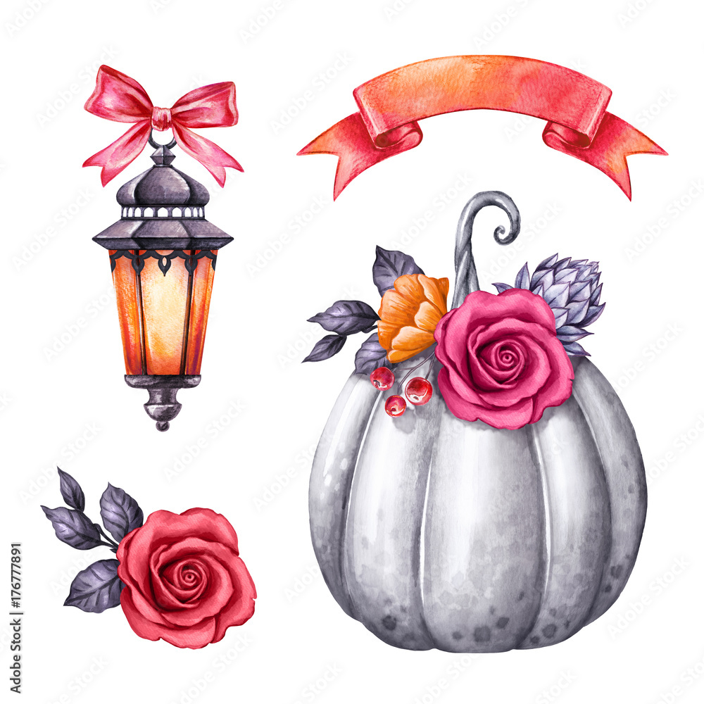 Foto Stock watercolor illustration, Halloween clip art, autumn design  elements, lantern, rose flowers, pumpkin, fall, holiday clip art isolated  on white background | Adobe Stock